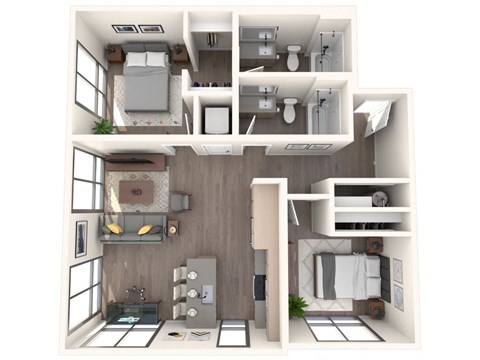 Floor plan for 2 beds, 2 baths, 933 sqft